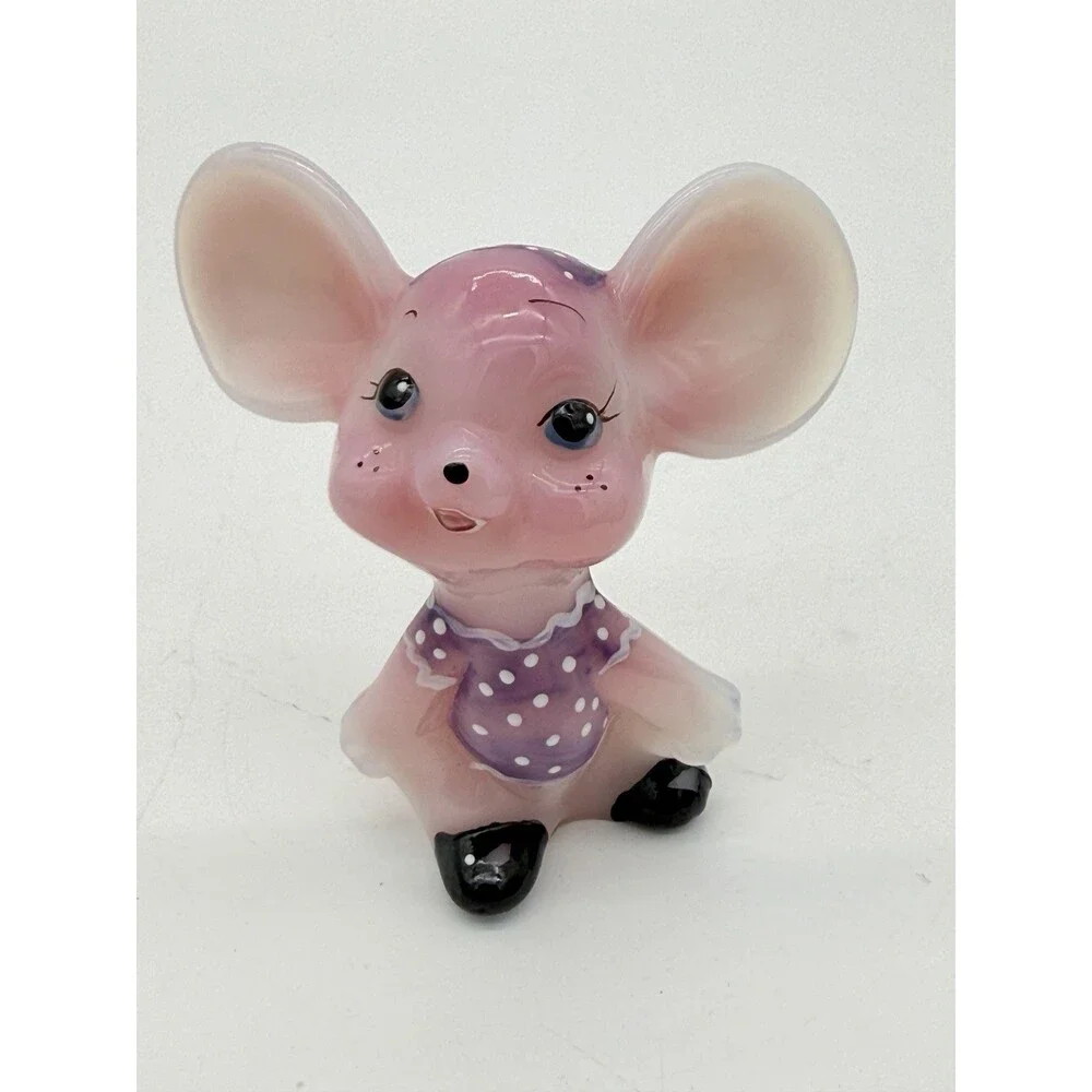 Fenton Art Glass Rosalene Purple Polka Dot Dress Hand Painted Mouse Figurine